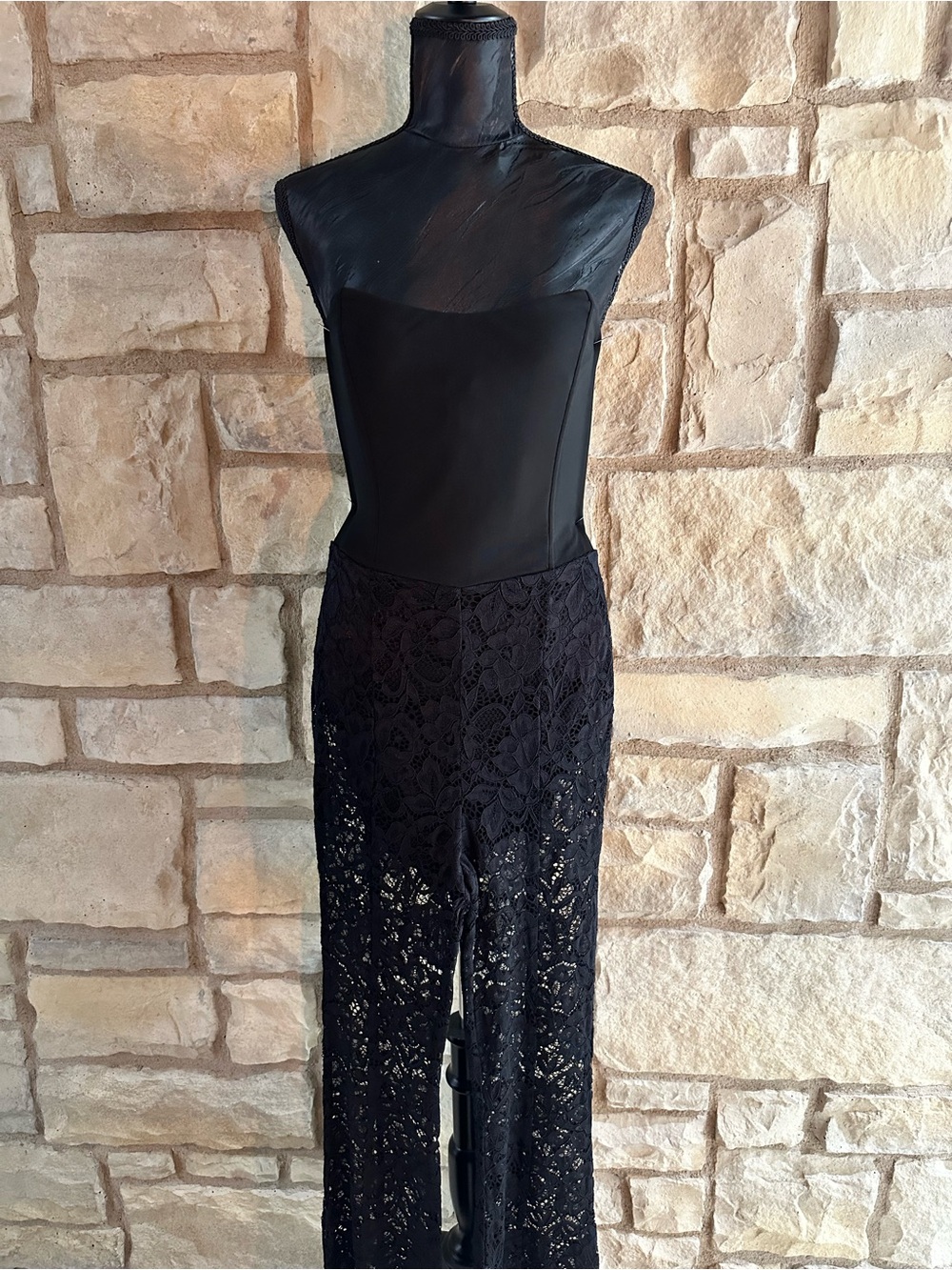 Women's Black Lace High-Waist Wide-Leg Jumpsuit